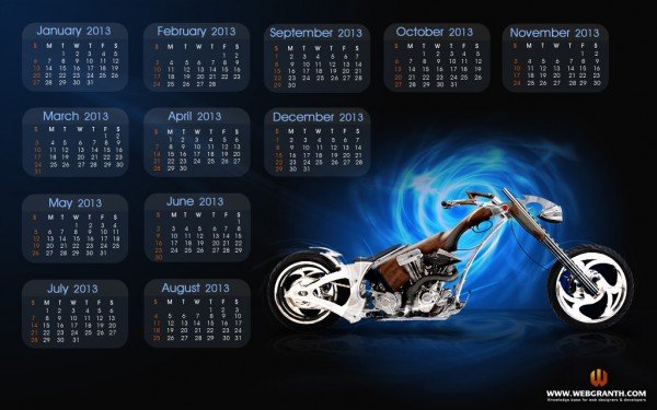 Cool Bike Wallpaper with New year 2013 calendar